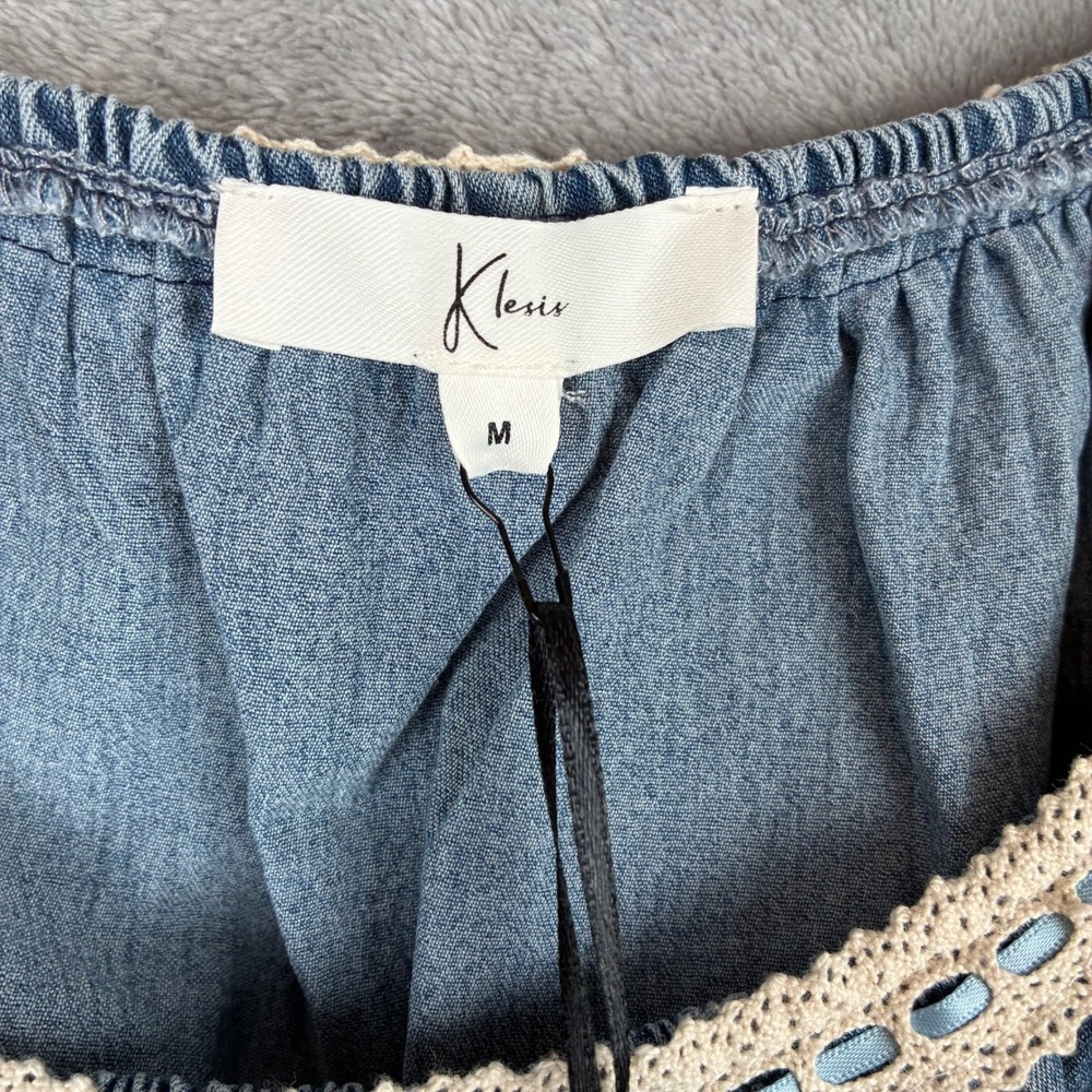 NWT Klesis Top Ruched Blue Denim Ribbon Crochet Trim Women M Coastal Cowgirl - Picture 7 of 11